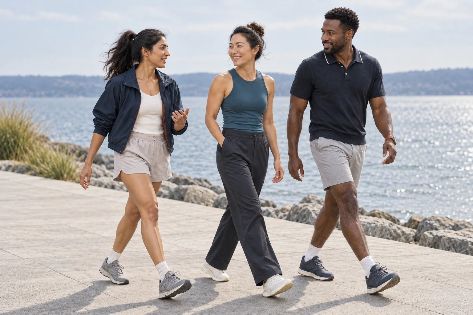Three adults walking together beside the water.